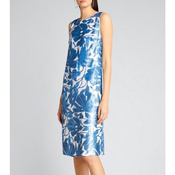 NWT LAFAYETTE DRESS S SEQUIN NOAH FLORAL BLUE WHITE COCKTAIL SHORT SHEATH - Picture 1 of 8